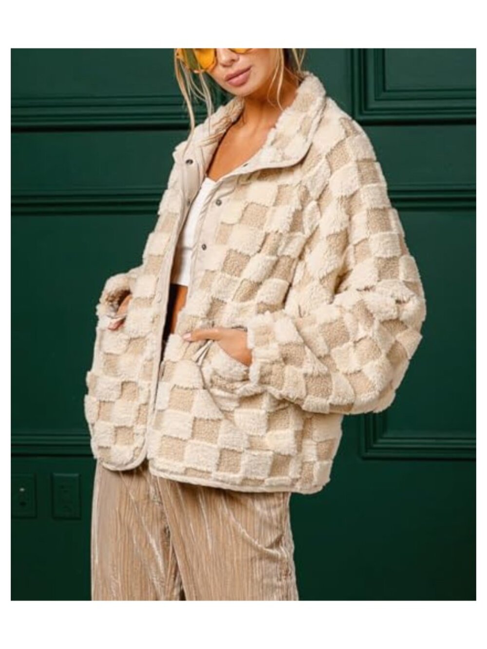 Women Winter Checkered Fleece Jacket Oversized Sherpa Shacket Faux Fur Coat - Picture 2 of 5